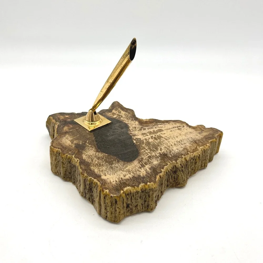 Vintage Petrified Wood Pen Holder with Gold‎ Tone Nib Holder Desk Accessory